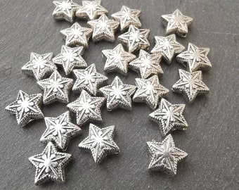 Alloy Tibetan Style Star Beads. Ancient silver. 10mm. Pack of 5.