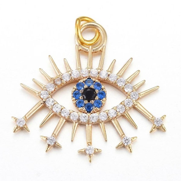 Pendentifs, breloques mauvais œil en plaqué or 18k avec zircon. Vendu à l'unité.