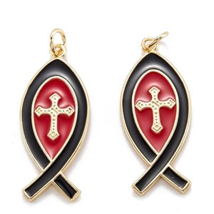 Pendants, charms, Ichthys, Ichthus in 18k gold plated with enamel. Choice of colors. Sold individually. Rouge noir