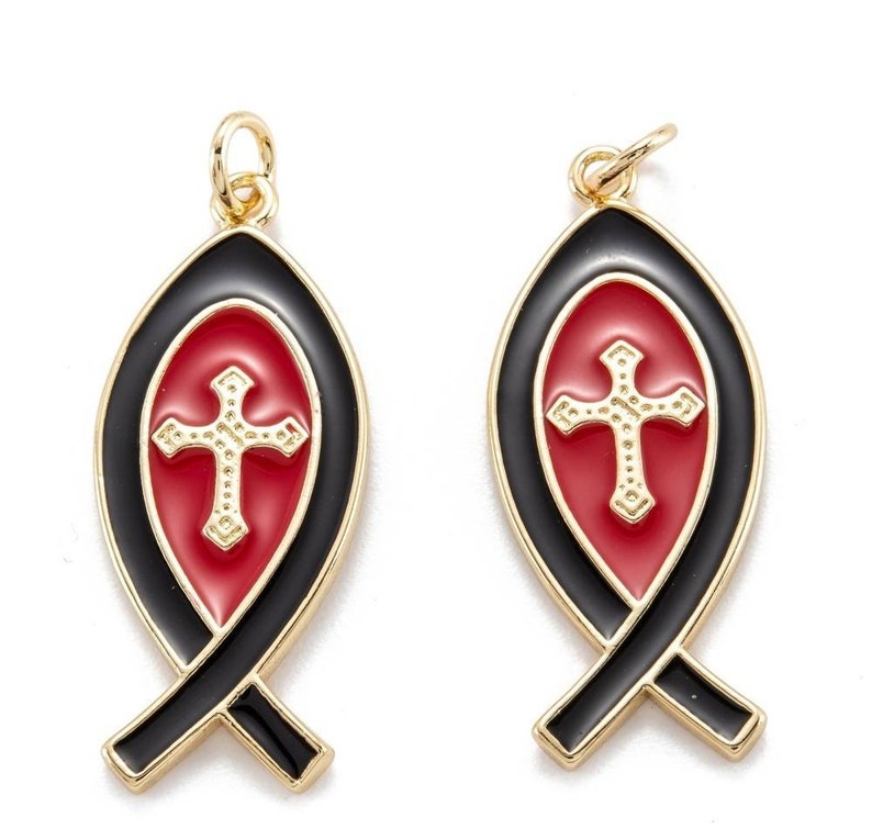 Pendants, charms, Ichthys, Ichthus in 18k gold plated with enamel. Choice of colors. Sold individually. Rouge noir