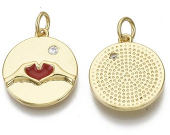 Pendants, charms, 18k gold plated heart with zircon. Sold individually.