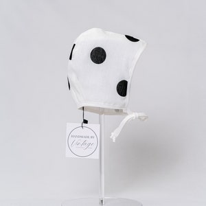 White with black dots linen baby kids toddler boy hat bonnet with cotton lining