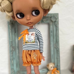 Blythe Doll Outfit: Embroidered T-Shirt & Bridges
