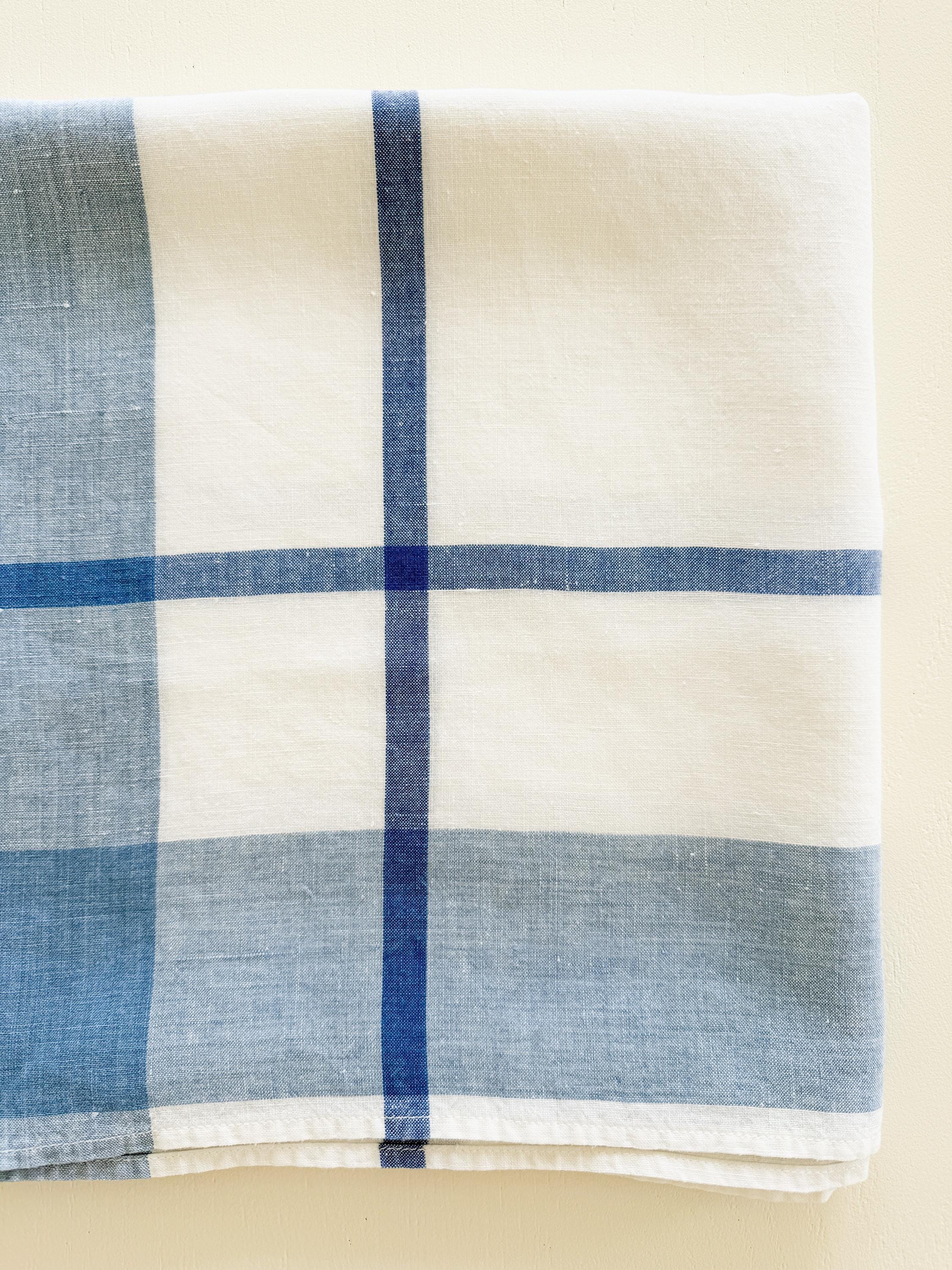Vintage White and Blue Linen Tablecloth, Cottage Farmhouse