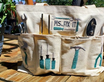 Personalized embroidered tool tote bag, perfect for new or first time home.