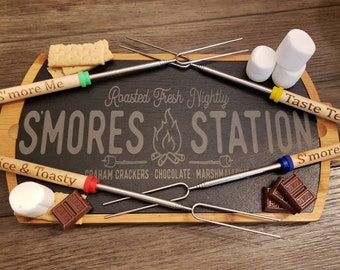 Smores Bamboo Slate cutting/serving board, personalized just for you. With 4 roasting sticks 13x8