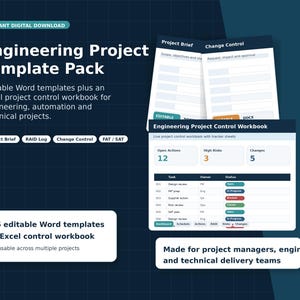 Könnte beinhalten: Engineering Project Template Pack mit 16 bearbeitbaren Word-Vorlagen und einer Excel-Projektsteuerungsmappe. Enthält Dokumente für Project Brief, RAID Log, Change Control und FAT/SAT für technische Projekte sowie Automatisierungsprojekte.