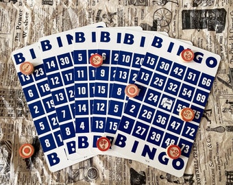 Set of 6 Vintage Bingo Lotto Cards Dark Blue // Scrapbook // DIY // Junk Journal // Artwork