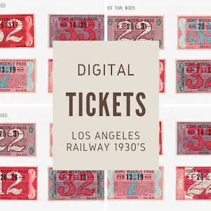 Set mit 8 originalen Zugtickets LOS ANGELES RAILWAY 1930er Jahre (gemeinsamer Wochenpass) rot // Scrapbook // diy // Junk Journal // Kunstwerk