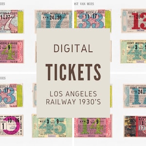 Set of 8 original Train Tickets LOS ANGELES RAILWAY 1930&#39;s (Joint Weekly Pass) mix  // Scrapbook // diy // Junk Journal // Artwork