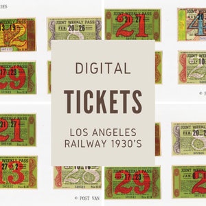 Set of 8 original Train Tickets LOS ANGELES RAILWAY 1930&#39;s (Joint Weekly Pass) green // Scrapbook // diy // Junk Journal // Artwork