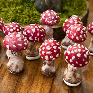 Puede incluir: Una colección de diez setas en miniatura de color rojo y blanco con manchas blancas. Las setas están hechas de cerámica y tienen un aspecto realista.