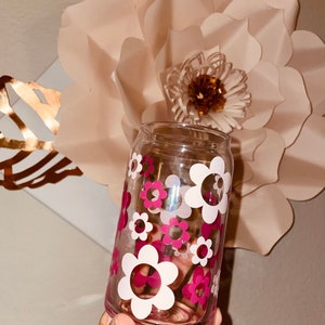 Boho Flowers Beer Can Glass |Retro Flower Beer Can Glass |Aesthetic Coffee Glass| 20 oz Coffee Glass | Iced Coffee Glass | Boho Coffee Glass