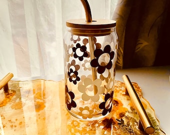 Boho Flowers Can Glass |Retro Flower Can Glass |Aesthetic Coffee Glass| 20 oz Coffee Glass | Iced Coffee Glass | Boho Coffee Glass