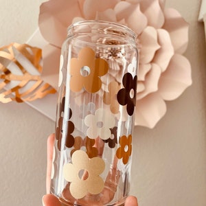 Boho Flowers Can Glass |Retro Flower Can Glass |Aesthetic Coffee Glass| 20 oz Coffee Glass | Iced Coffee Glass | Boho Coffee Glass