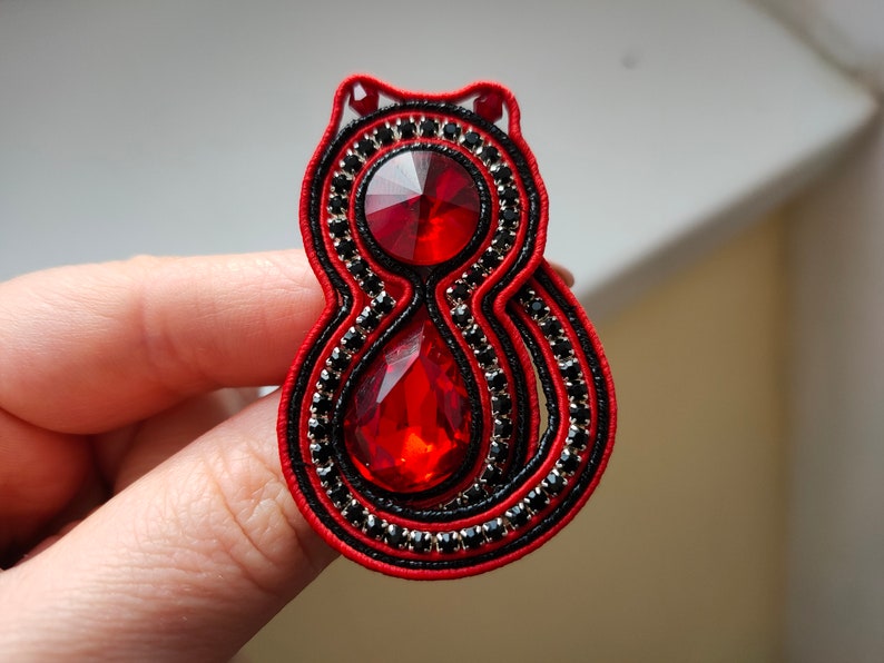 Soutache cat brooch Red and Black Brooch Cat Lover Gift Gift under 20 dollars