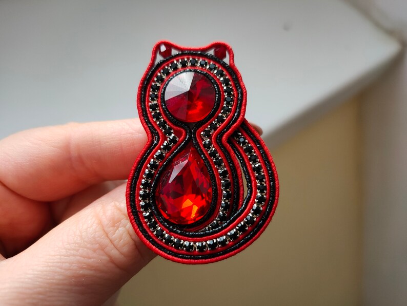 Soutache cat brooch Red and Black Brooch Cat Lover Gift Gift under 20 dollars