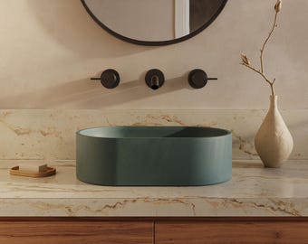35 Colors - Elle Concrete Vessel Sink: Modern Pill Shape Wall Hung Basin