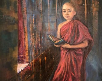 The Quiet Passage | Original Monk Painting, Spiritual Art, Buddhist Figure, Corridor Painting, Contemporary Figurative Art