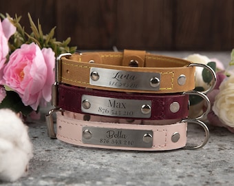 Engraved Leather Dog Collar, Personalized Pet ID Collar