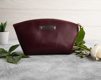 Makeup Bag Leather Personalized, Bridesmaid Gifts, Cosmetic Bag, Toiletry Beauty Bag, Gift For Her, Travel Makeup Pouch, Girlfriend Gift
