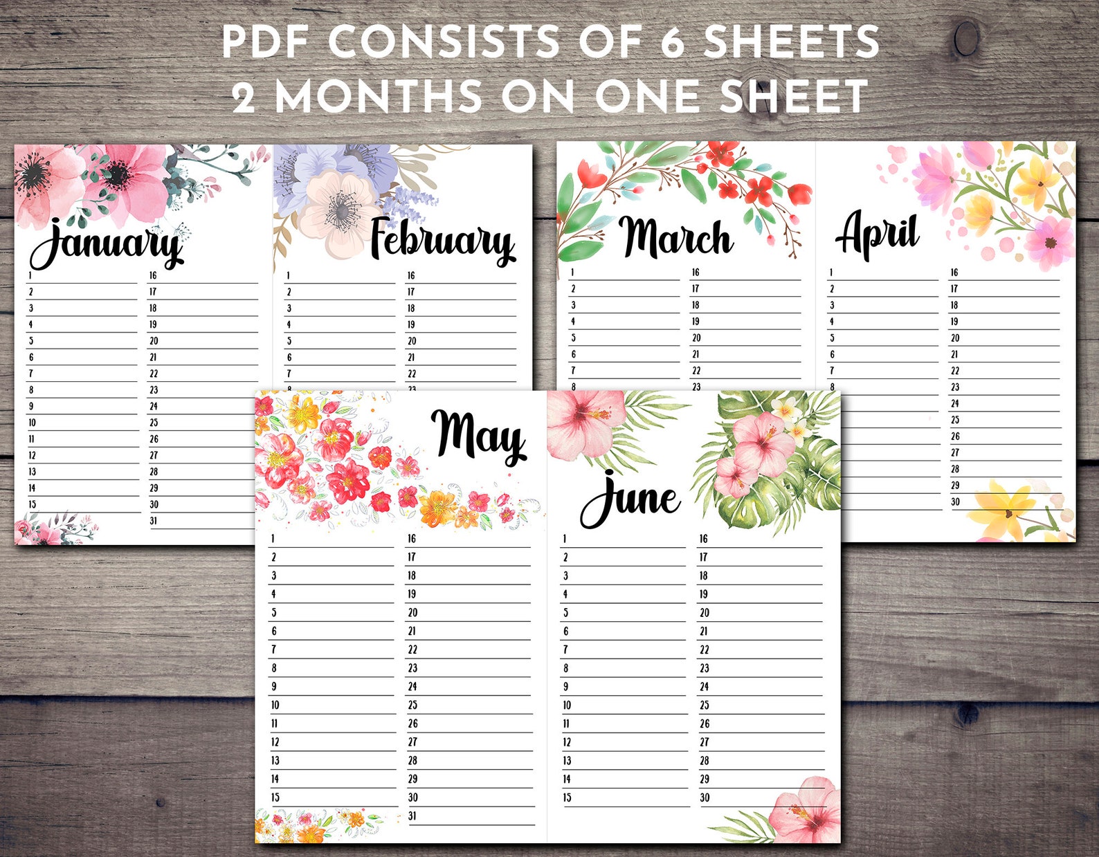 Printable Birthday calendar planner with flowers PDF Digital | Etsy