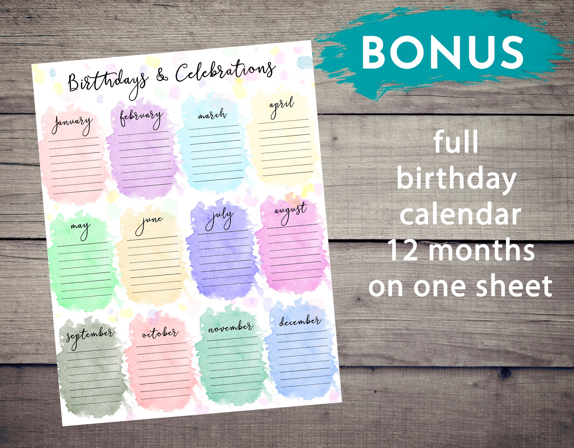 Printable Birthday calendar planner with flowers PDF Digital | Etsy
