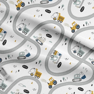 Fahrzeug Straßenkarte 100% Baumwollstoff, Novelty Fabrics für Kinder, Grau, Weiß, Senf und Blau