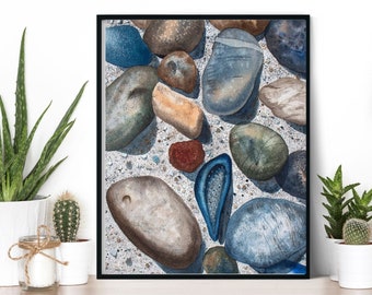 Realistic Rocks, Shell & Sand in Watercolor, Art Print, Watercolor Painting by Aida Pagsinuhin, Rocks Painting, Rocks art, Beach House decor