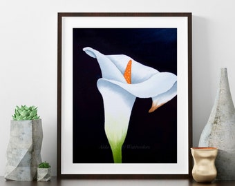 Call Lily Watercolor Painting, Print from Original by Aida Tubridy,  White Flower Painting, Lily Flower art, White Flower Decor, Flower Art