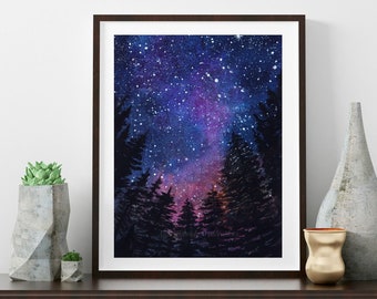 Galaxy in Watercolor, Print from Original, Galaxy Wall Art Print, Galaxy Print, Night Scene, Starry Night, Milky Way, Watercolor Print, gift