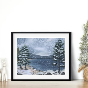 Winter at Lake Tahoe Painting, Print from Original, Snowfall landscape art, Snow covered Trees, Holiday home decor idea