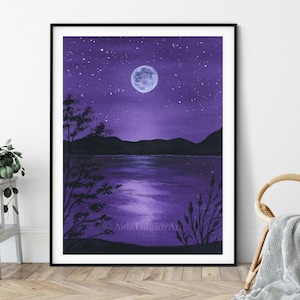 Purple Night with Moon, Night Scene Painting, Print from Original