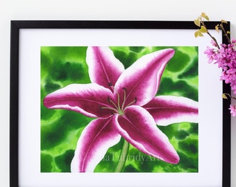 Stargazer Lily in Watercolor, Print from Original Painting, Flower wall art, living room wall art