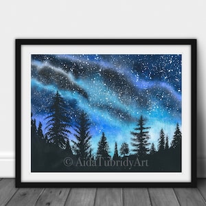 Night sky painting,  Forest Painting, Print from Original Watercolor painting