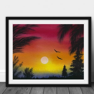 Colorful Sunset Painting in watercolor, Coconut Tree Painting, Print from Original