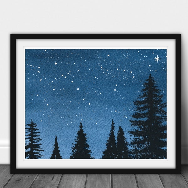 Stars Painting in Watercolor,  Giclee' Print, Night Painting, Forest Painting, Night Sky Painting, Print from Original