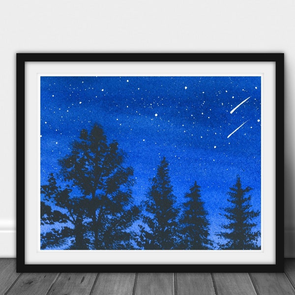 Shooting Stars Painting in Watercolor, Giclee' Print, Night Sky Painting, Starry Night with Shooting star