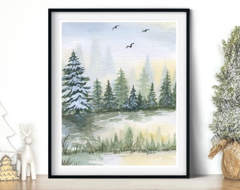 Pode incluir: Pintura em aquarela de uma paisagem de inverno com árvores perenes, um primeiro plano nevado e um fundo nebuloso. A obra de arte é emoldurada em uma borda preta e apresenta uma cena natural serena com pássaros no céu.