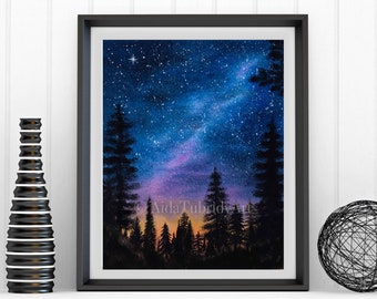 Night Sky, Watercolor painting,  Print from Original, Galaxy in watercolor, Night Scene print, Galaxy Art Decor, Milky Way, Night View, Gift