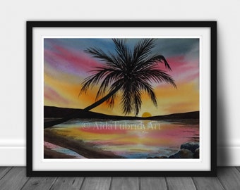 Tropical Sunset Painting, Print from Original Watercolor Painting, Coconut Tree in Sunset, Island Sunset painting, Sunset Print