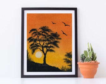 Tree Silhouette Painting, Colorful Sunset Painting, Print from original