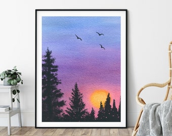 Colorful Sunset Painting, Sunset Print, From original watercolor painting