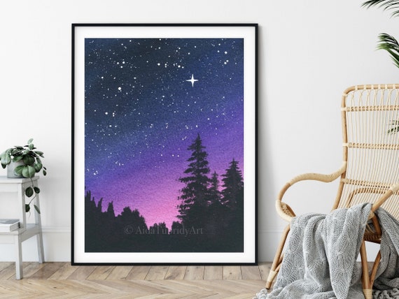 Purple Night Sky, Galaxy Painting, Nature Art, Forest, Sunset, Starry Night