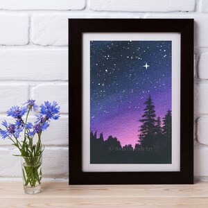 Purple Night Sky, Galaxy Painting, Nature Art, Forest, Sunset, Starry Night 8x10 inches
