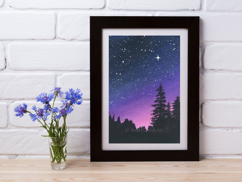 Purple Night Sky, Galaxy Painting, Nature Art, Forest, Sunset, Starry Night 8x10 inches