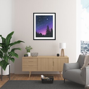 Purple Night Sky, Galaxy Painting, Nature Art, Forest, Sunset, Starry Night 11x14 inches