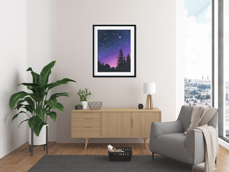 Purple Night Sky, Galaxy Painting, Nature Art, Forest, Sunset, Starry Night 11x14 inches