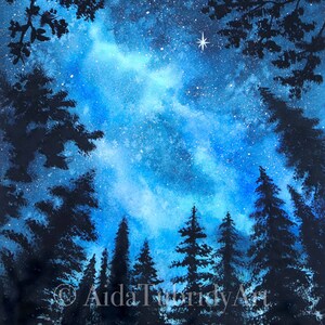 May include: Watercolor painting of a starry night sky over a silhouetted forest. The night sky is a gradient of blues with white speckles representing stars. The forest is a dark silhouette against the bright sky. Text reads "AidaTurrityArt".
