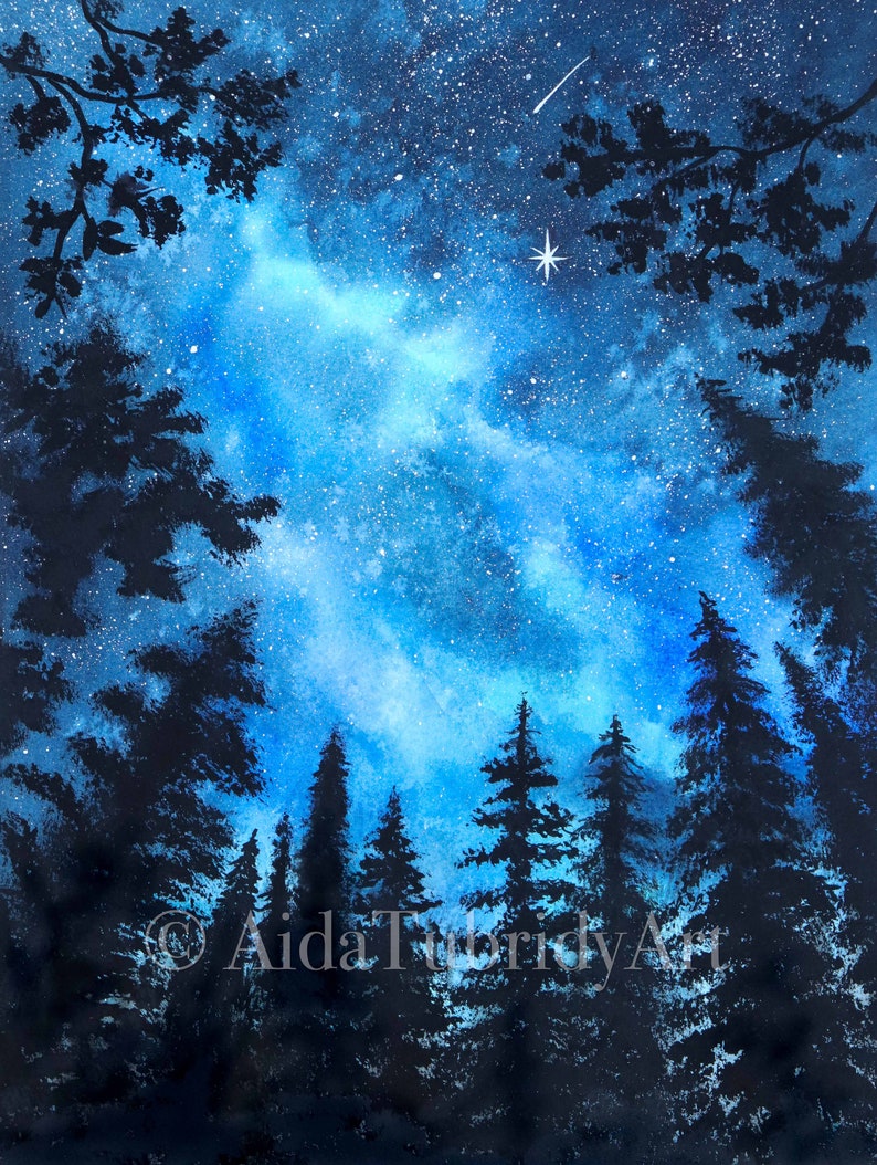 May include: Watercolor painting of a starry night sky over a silhouetted forest. The night sky is a gradient of blues with white speckles representing stars. The forest is a dark silhouette against the bright sky. Text reads "AidaTurrityArt".
